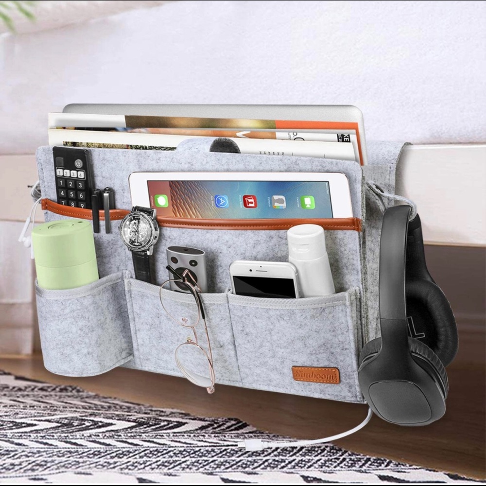 Bedside Caddy Bag, Felt Bed Sofa Magazines Books Organizer Hanging Bag, Grey